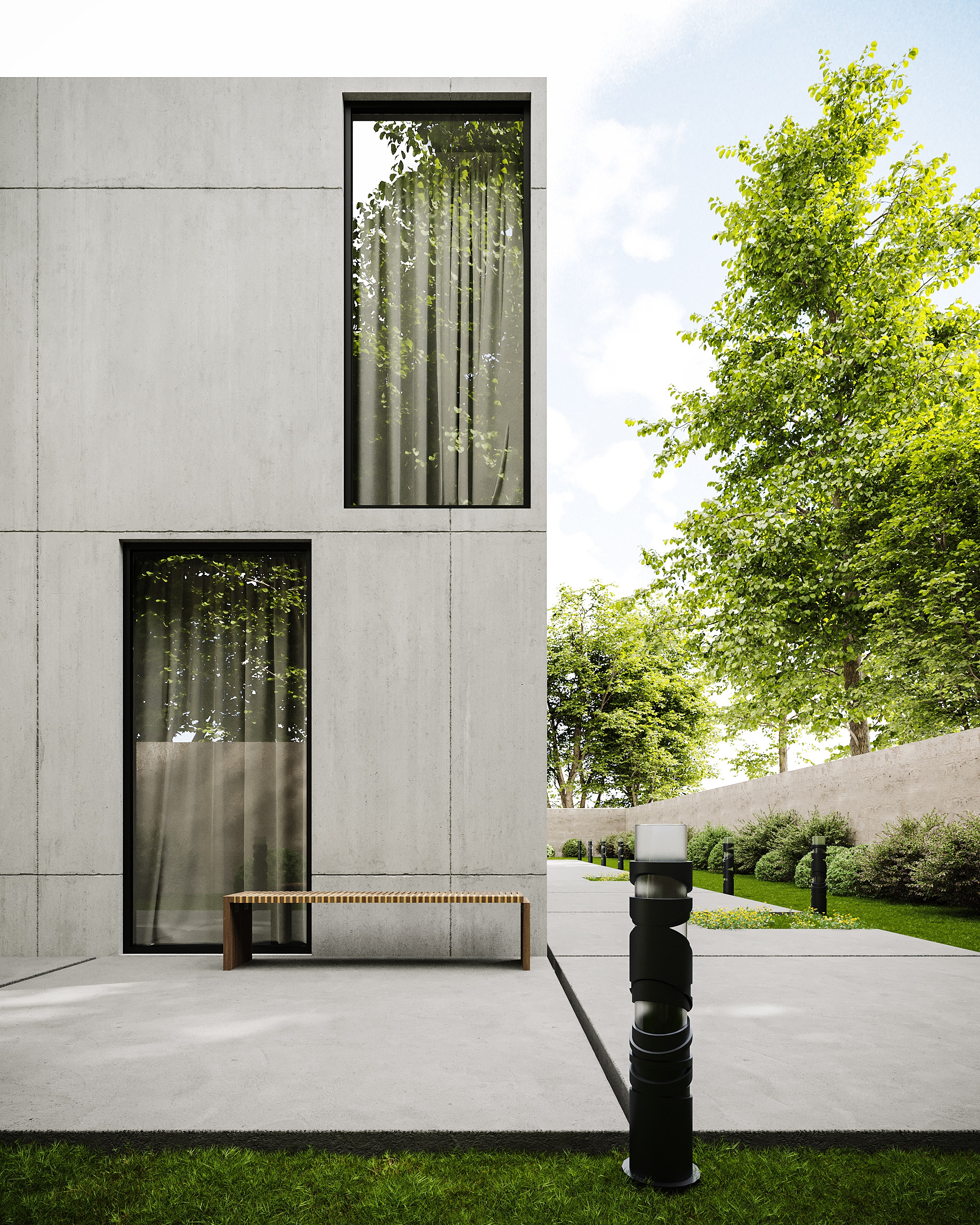 Fachada de una casa moderna con un gran jardín con arboles